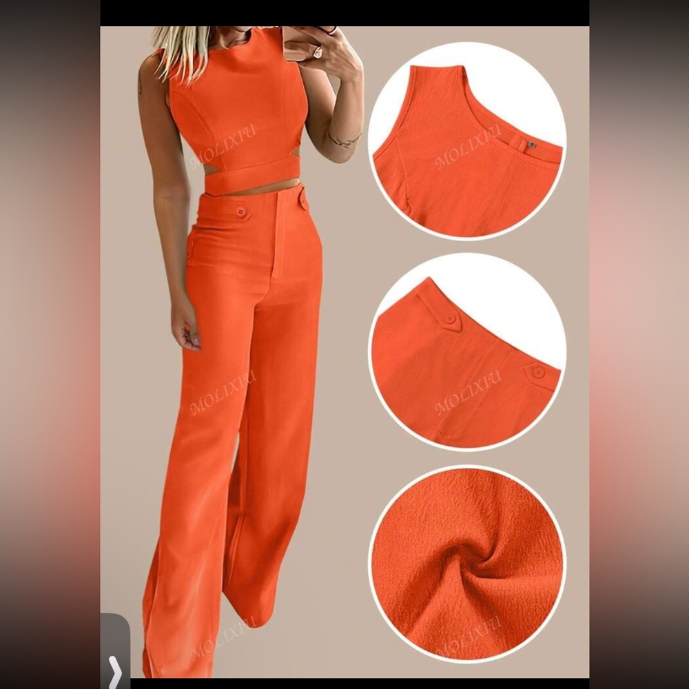 Women's Orange Two Piece Wide Leg Pants & Matching Cropped Top
